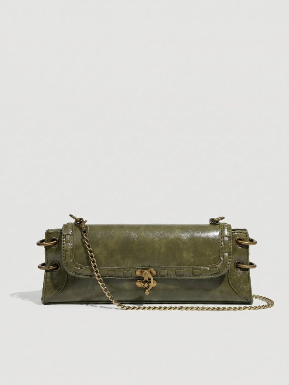 Women's Vintage Green Leather Crossbody Shoulder Bag with Chain Strap, Chic Clut